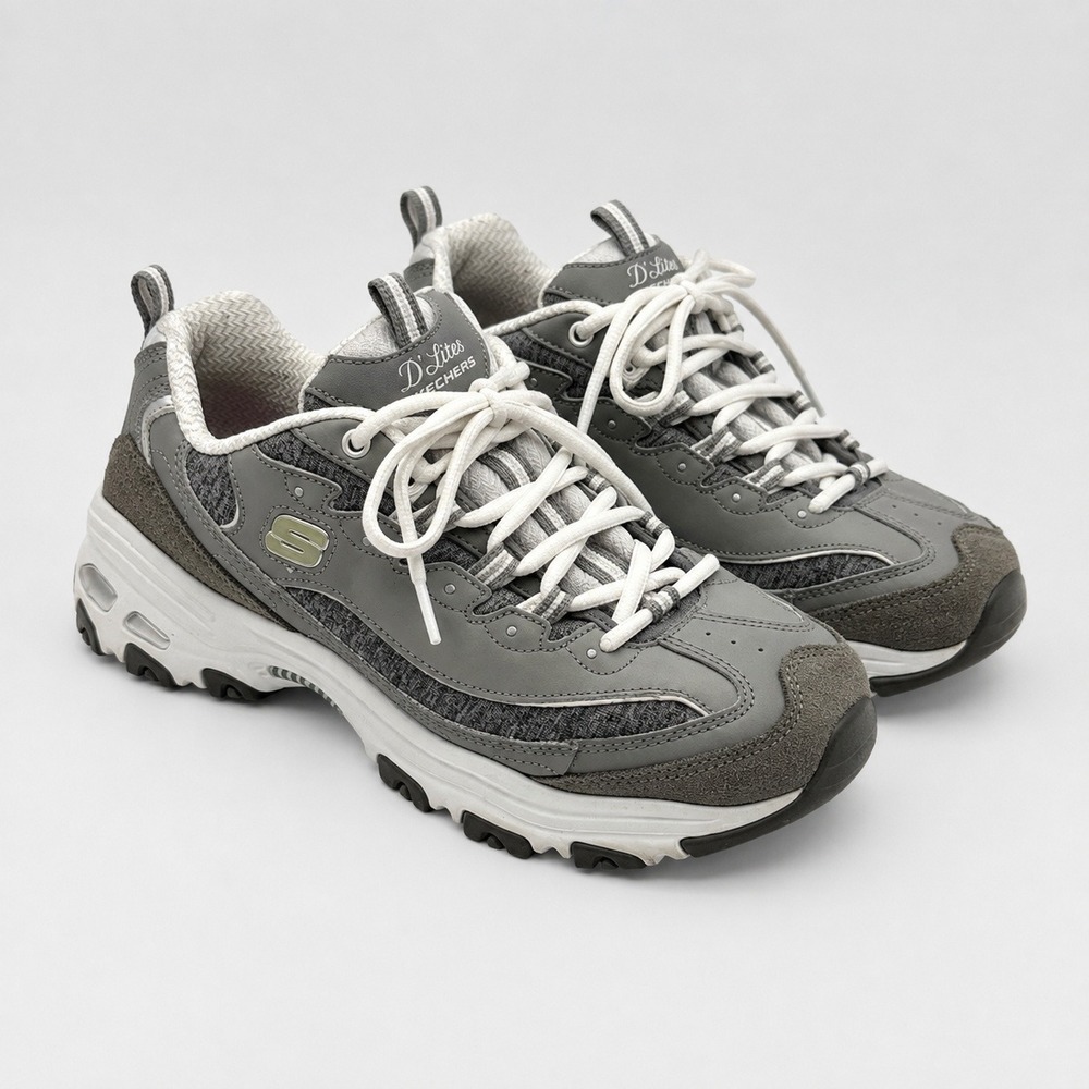 Skechers DLites Me Time 11936 Gray White‎ Leather Chunky Sneakers Womens 8